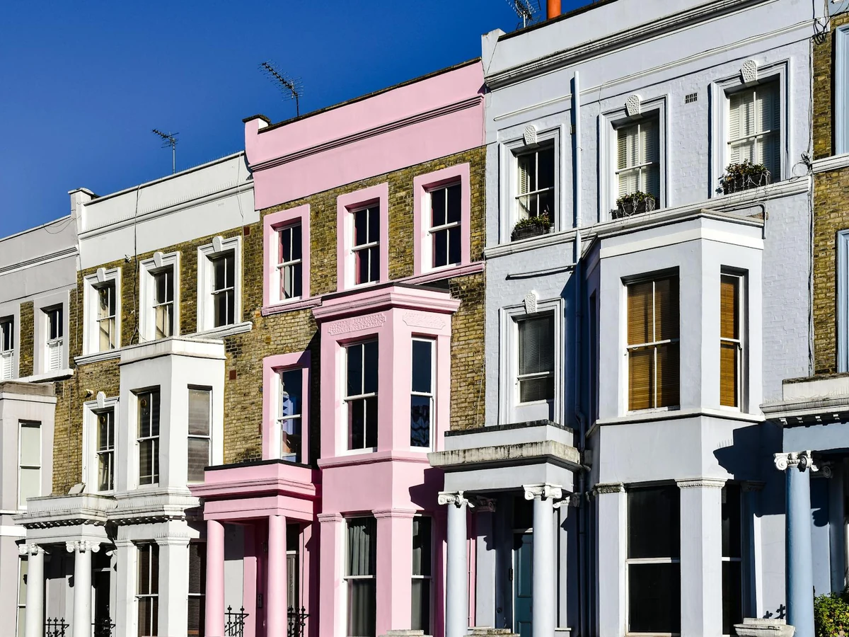 Colourful front doors on London-style terraced houses in Haywards Heath